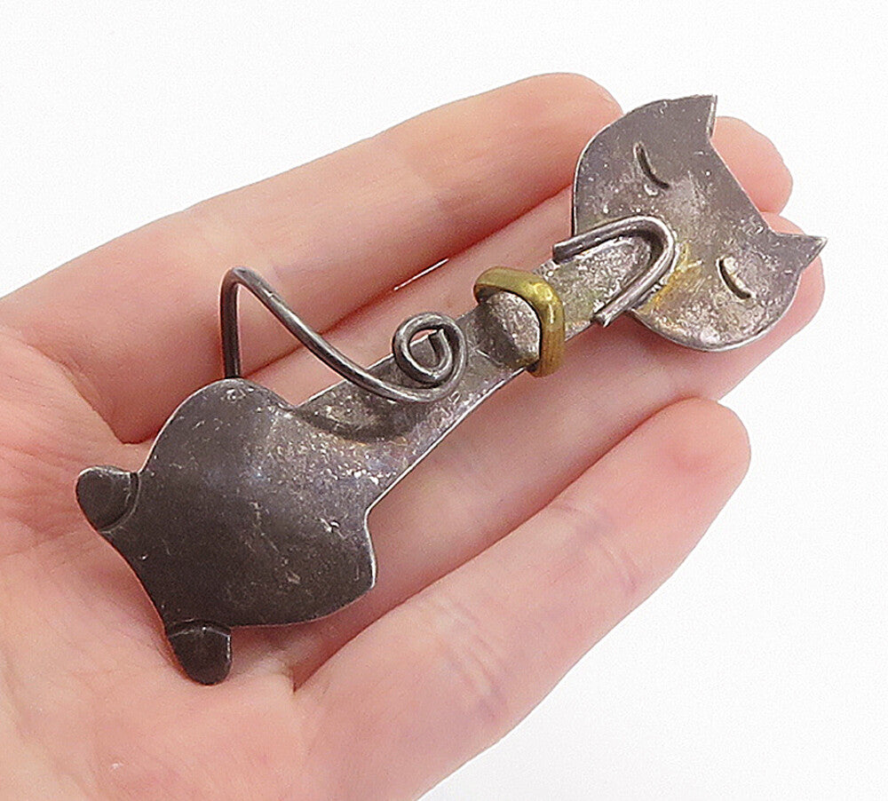MEXICO 925 Sterling Silver  Vintage Two Tone Modernist Cat Brooch Pin  BP2074