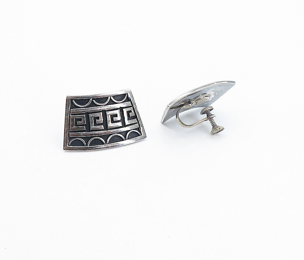 MEXICO 925 Silver  Vintage Shiny Oxidized Pattern Non Pierce Earrings  EG3104