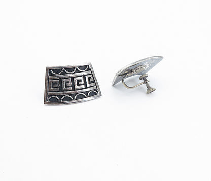 MEXICO 925 Silver  Vintage Shiny Oxidized Pattern Non Pierce Earrings  EG3104