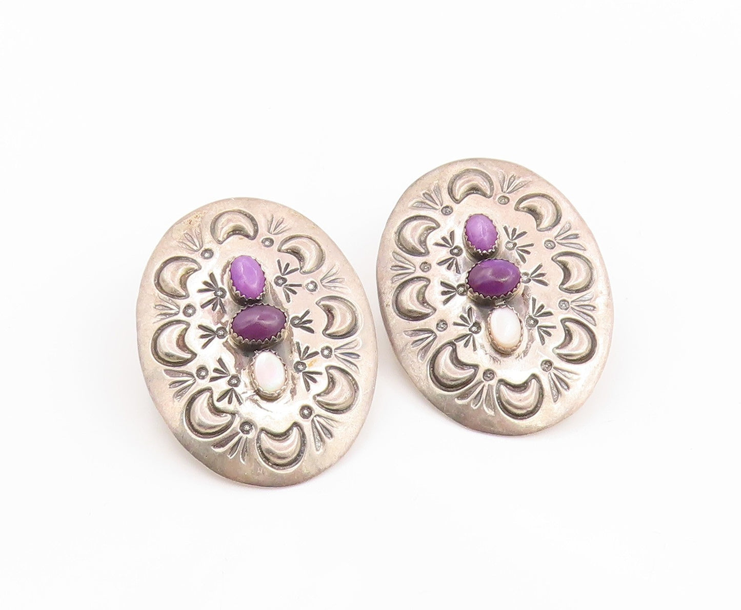925 Sterling Silver Vintage Earrings NAVAJO Amethyst & Moonstone Concho  EG14355