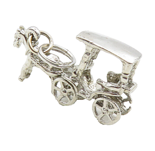 925 Sterling Silver  Vintage Shiny Horse & Carriage Motif Drop Pendant  PT6986