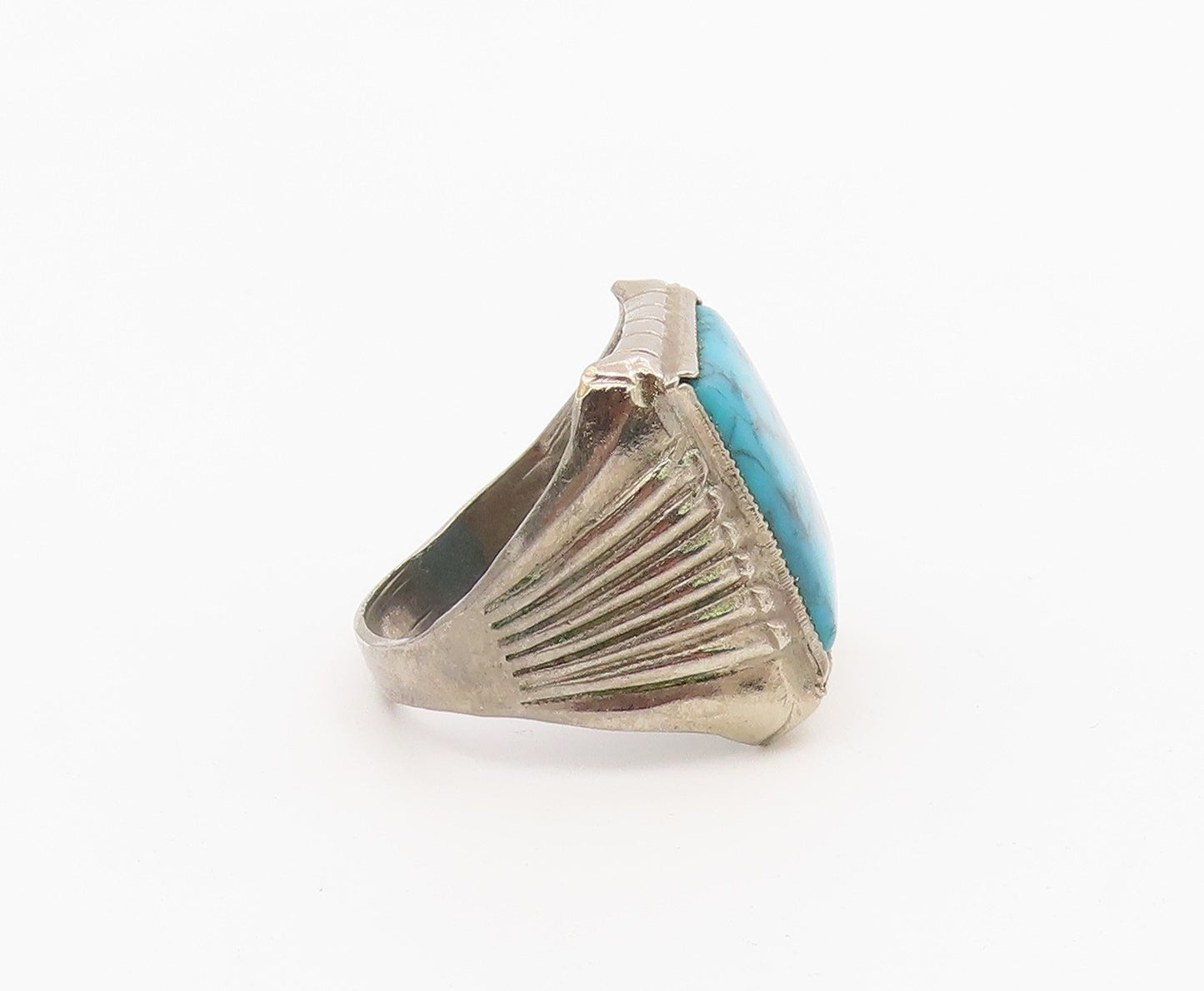 925 Sterling Silver Vintage Ring Turquoise Ribbed Statement Band  Sz 8  RG36634