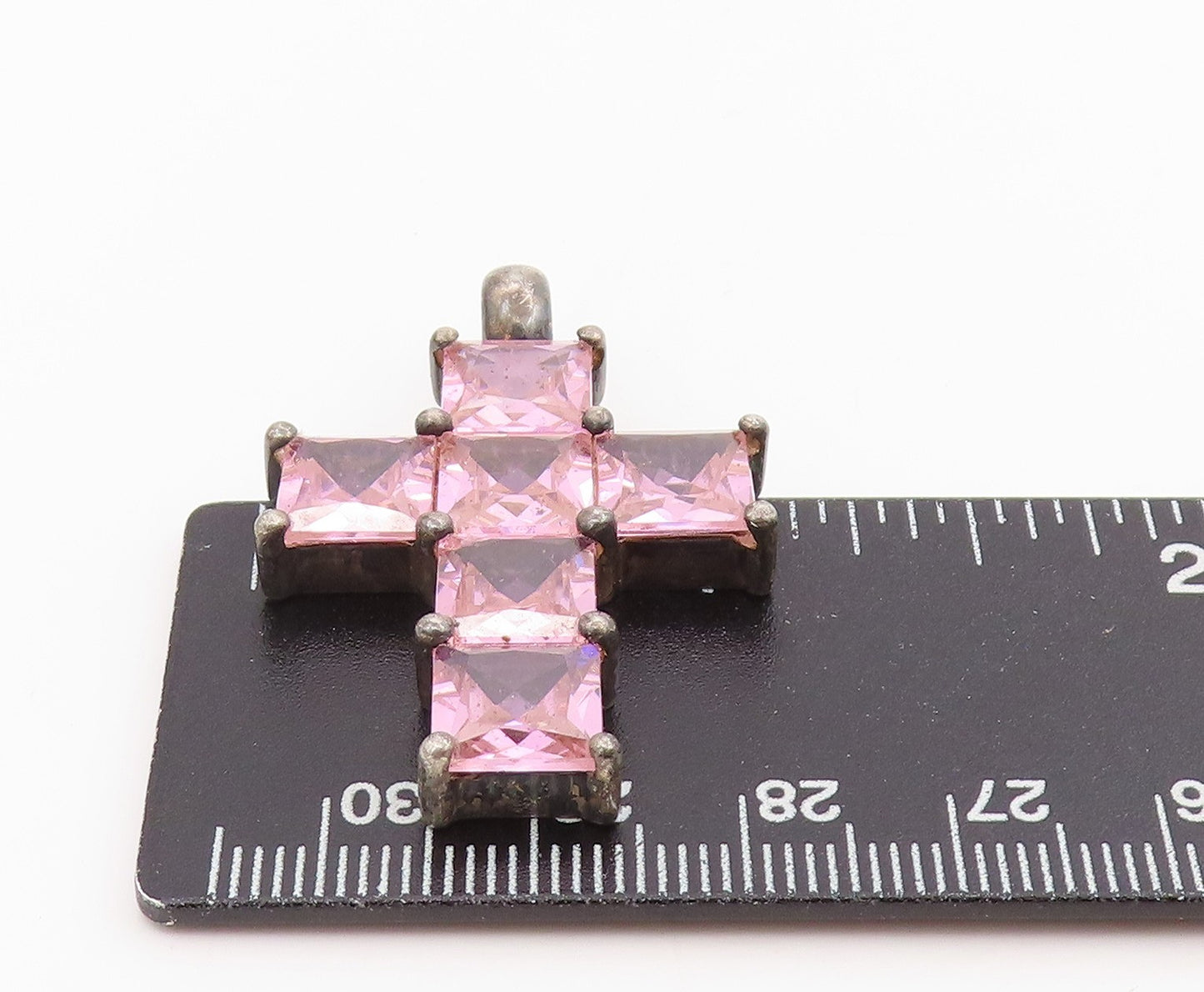 925 Sterling Silver Vintage Pendant Pink Topaz Religious Cross Charm  PT25688