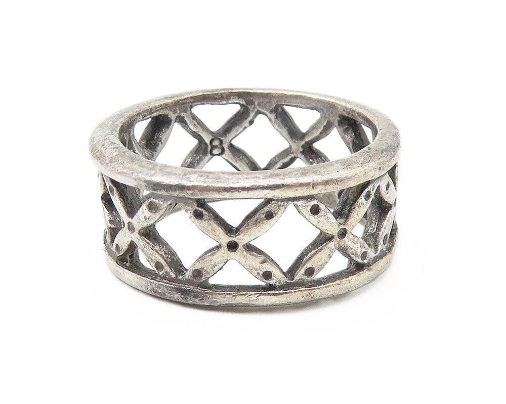 925 Sterling Silver  Vintage Open X Floral Pattern Band Ring Sz 7.5  RG10807