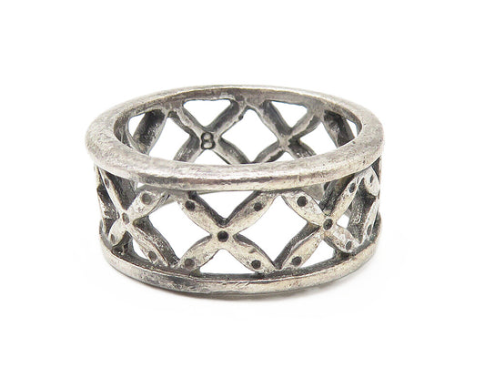 925 Sterling Silver  Vintage Open X Floral Pattern Band Ring Sz 7.5  RG10807