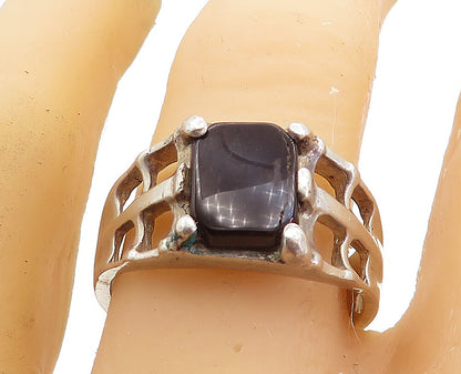 925 Sterling Silver  Vintage Black Onyx Square Cutout Band Ring Sz 10.5 RG8355