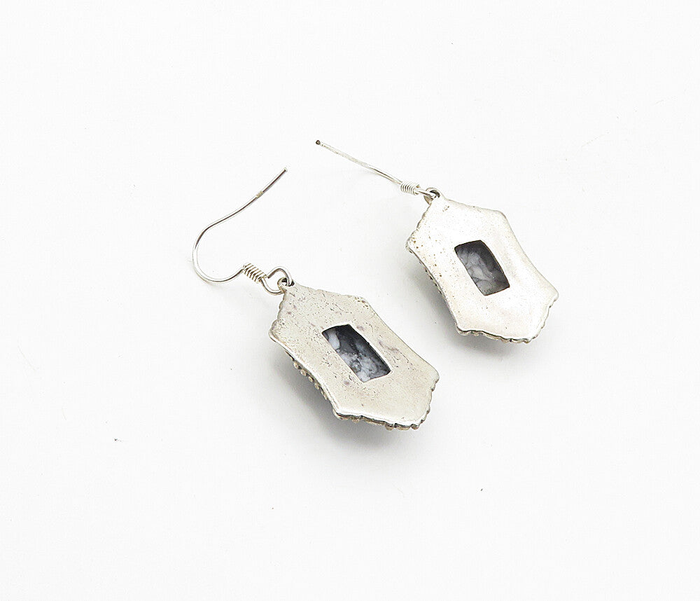 925 Sterling Silver  Vintage Cabochon Cut Grey Jasper Dangle Earrings  EG4554