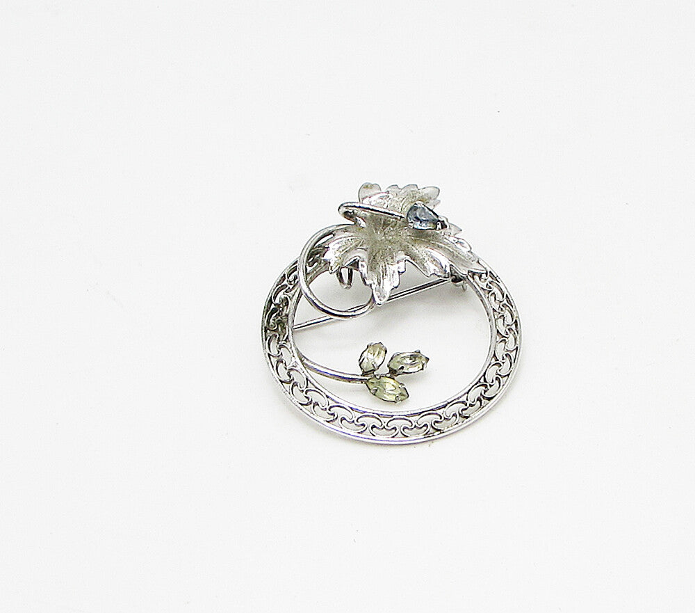 CARL ART 925 Silver  Vintage Blue & White Topaz Floral Leaf Brooch Pin  BP1051