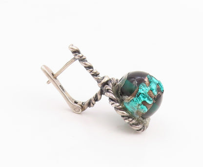 925 Sterling Silver Vintage Earrings Green Gemstone Twisted Rope Drop  EG14213