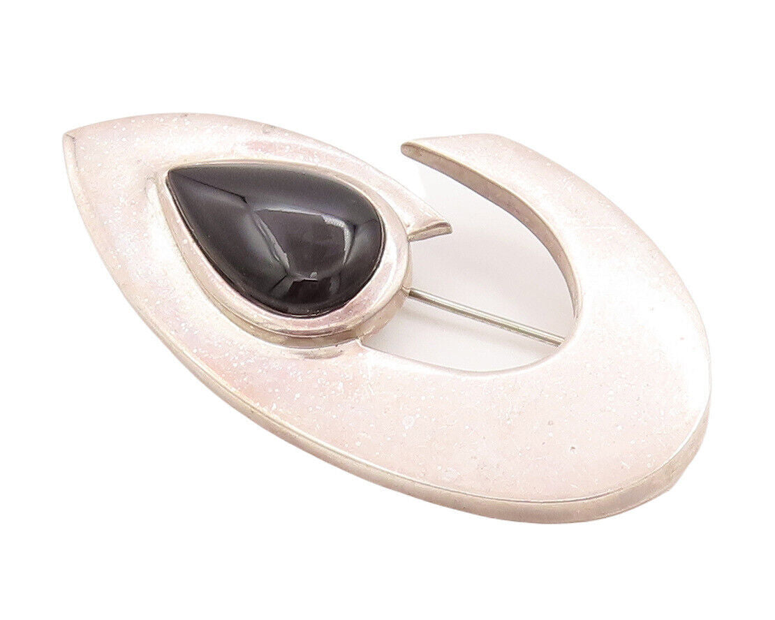 925 Sterling Silver Vintage Brooch Pin Designer Cabochon Drop Shape Onyx BP10871