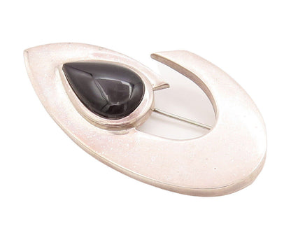 925 Sterling Silver Vintage Brooch Pin Designer Cabochon Drop Shape Onyx BP10871