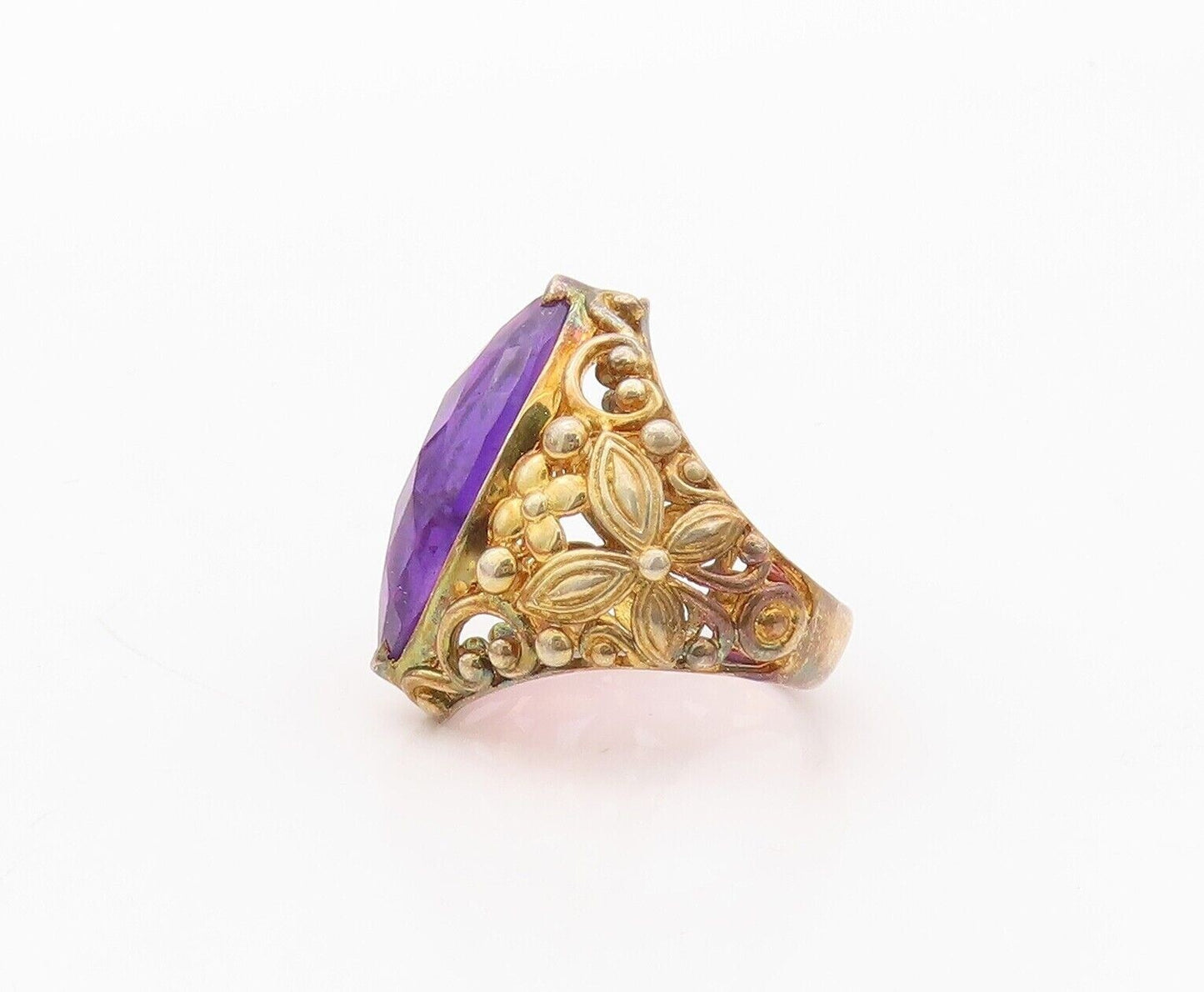 925 Sterling Silver Vintage Ring Gold Plated Floral Carved Amethyst Sz 7 RG29968