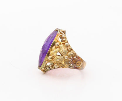 925 Sterling Silver Vintage Ring Gold Plated Floral Carved Amethyst Sz 7 RG29968