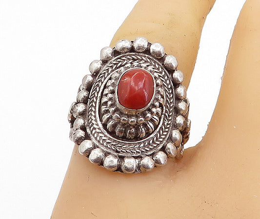 925 Sterling Silver  Vintage Red Coral Wheat Twist Cocktail Ring Sz 8  RG6614