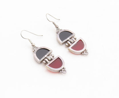 925 Sterling Silver Vintage Earrings D Shape Black & Red Onyx  EG13294