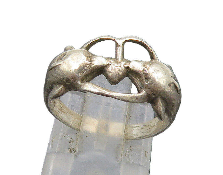 925 Sterling Silver  Vintage Double Dolphin Love Heart Band Ring Sz 6  RG22790