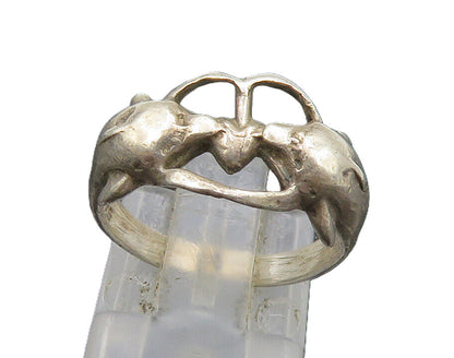 925 Sterling Silver  Vintage Double Dolphin Love Heart Band Ring Sz 6  RG22790