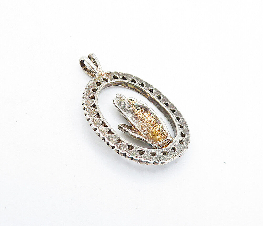 925 Sterling Silver  Vintage Prayer Hands Oval Border Drop Pendant  PT4696