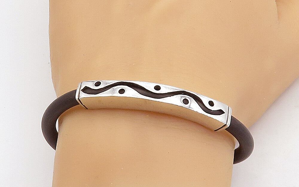 925 Sterling Silver  Swirl Dot Cutout Design Flexible Rubber Bracelet  BT1475