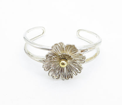 ESPO 925 Silver & 14K GOLD  2 Tone Sculpted Flower Split Cuff Bracelet  BT2484