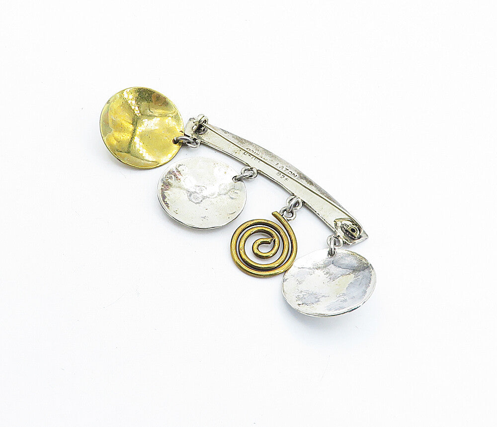 LATON MEXICO 925 Silver  Vintage Two Tone Dangling Charms Brooch Pin  BP2414