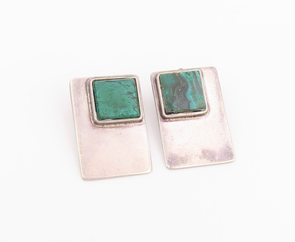 925 Sterling Silver Vintage Earrings Classic Malachite Geometric Clip On EG14436