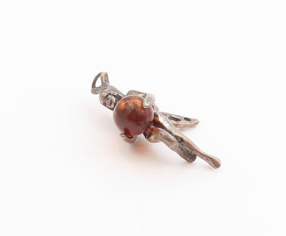 925 Sterling Silver Vintage Pendant Amber Guardian Fairy Angel Charm  PT24860
