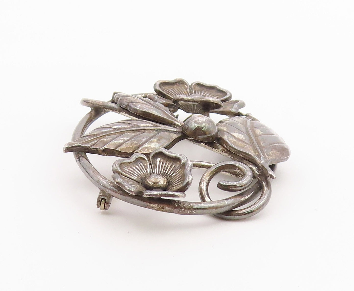 925 Sterling Silver  Vintage Oxidized Flowers Motif Oval Brooch Pin  BP4391
