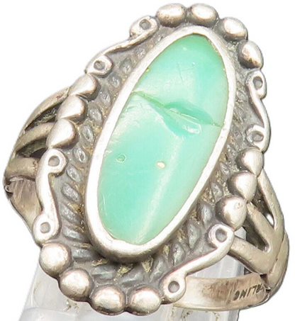 NAVAJO 925 Silver  Vintage Beaded Inlaid Green Turquoise Ring Sz 8  RG24893