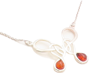 925 Sterling Silver  Cabochon Cut Amber Shiny Knot Chain Necklace  NE1257