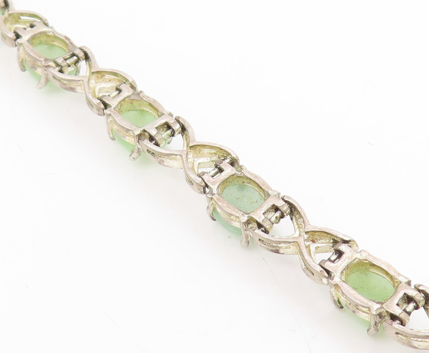 925 Sterling Silver Vintage Bracelet Oval Jade Elegant Crisscross Link  BT11744