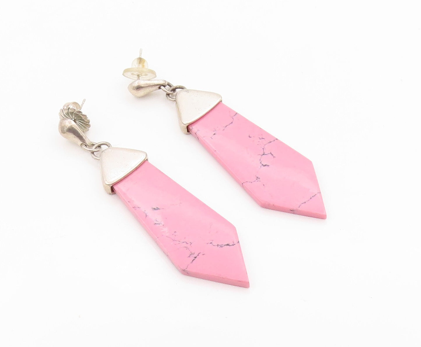 925 Sterling Silver Vintage Earrings Large Cutout Pink Turquoise Tie  EG13356