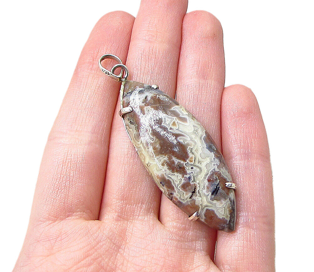 925 Sterling Silver  Vintage Cabochon Cut Agate Drop Pendant  PT1498