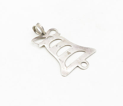 925 Sterling Silver  Vintage Cutout Bell Bow Tied Ribbon Drop Pendant  PT6424