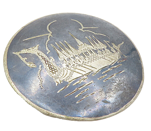 SIAM 925 Sterling Silver  Vintage Enamel Niello Dragon Boat Brooch Pin  BP3395