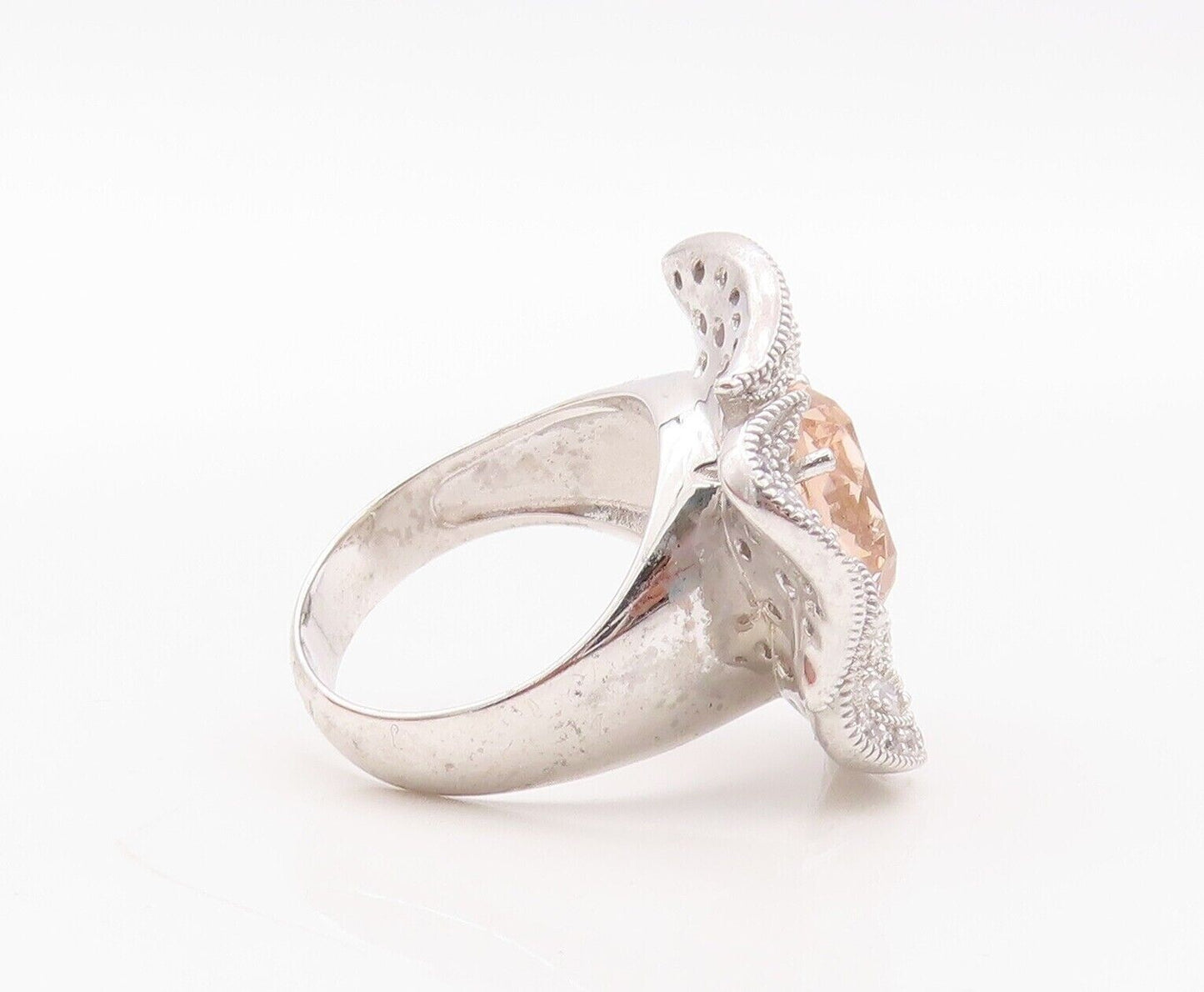 925 Sterling Silver Vintage Ring Morganite & CZ Carved Flower   Sz 7.5  RG29956