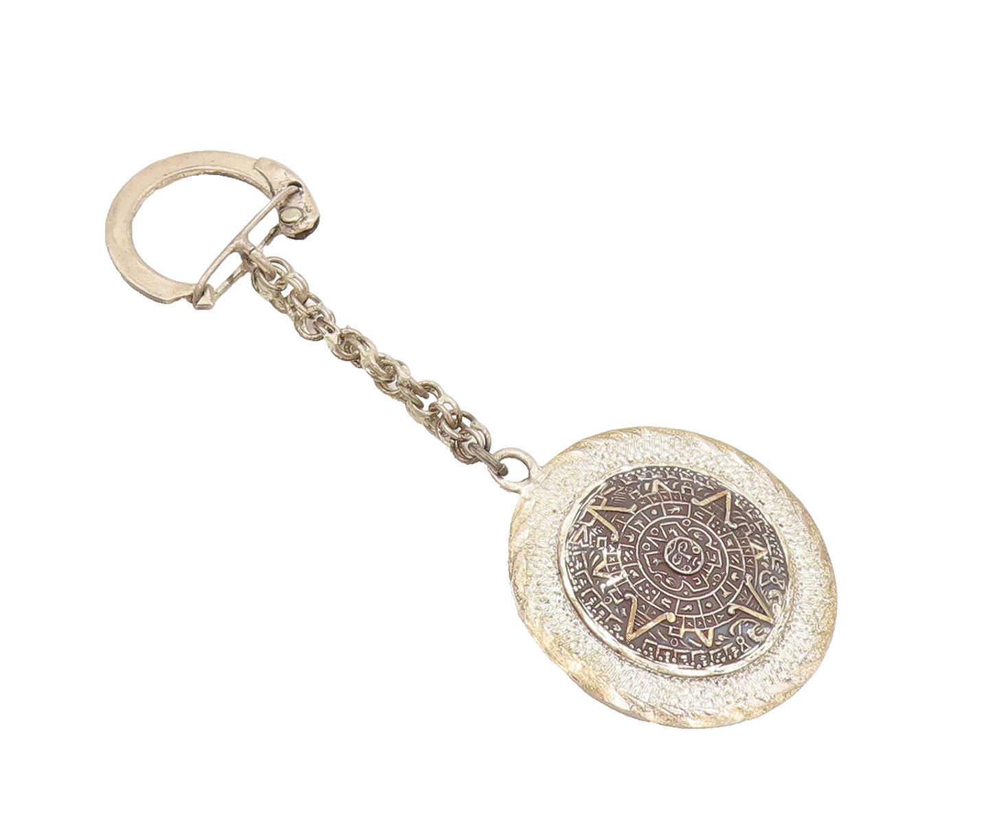 MEXICO 925 Silver  Vintage Aztec Round Carved Sun Calendar Keychain  TR3664