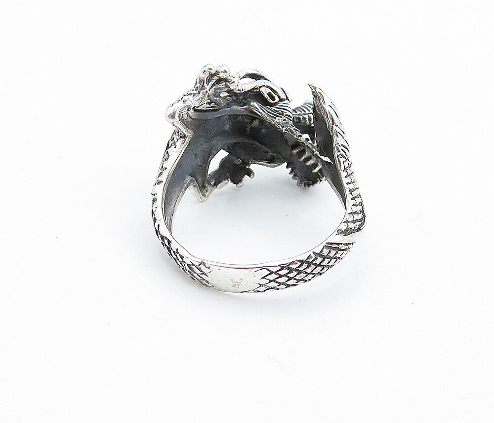 925 Sterling Silver  Vintage Dragon Head & Tail Motif Band Ring Sz 8.5  RG7334