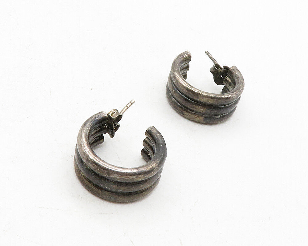 925 Sterling Silver  Vintage Oxidized Fluted Round JHoop Earrings  EG6603
