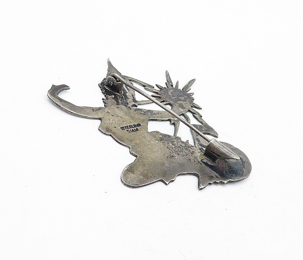 SIAM 925 Sterling Silver  Vintage Enamel Niello Dancer Brooch Pin  BP1574