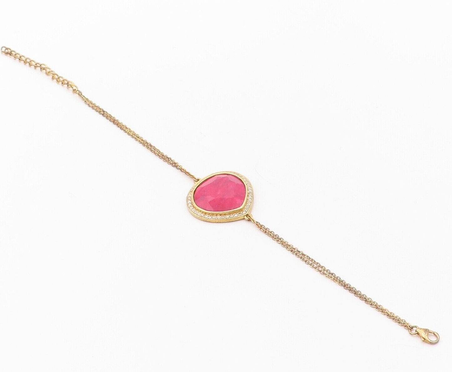 925 Sterling Silver Vintage Bracelet Gold Plated Red Gemstone & Diamonds BT10723