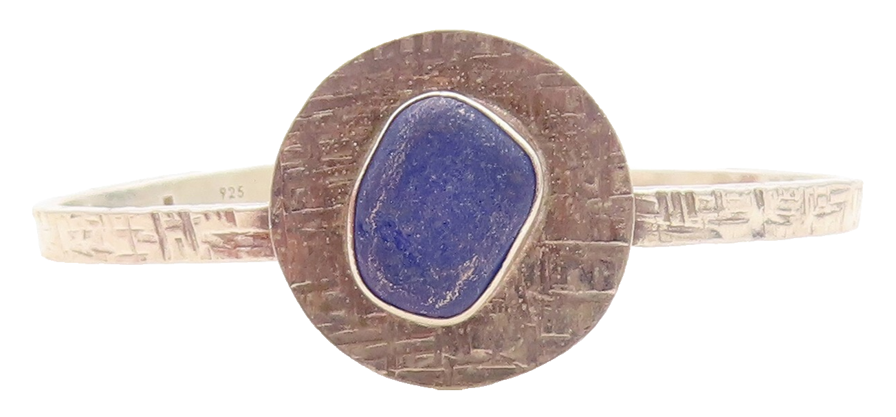 925 Sterling Silver  Vintage Lapis Lazuli Shiny Textured Cuff Bracelet  BT3085