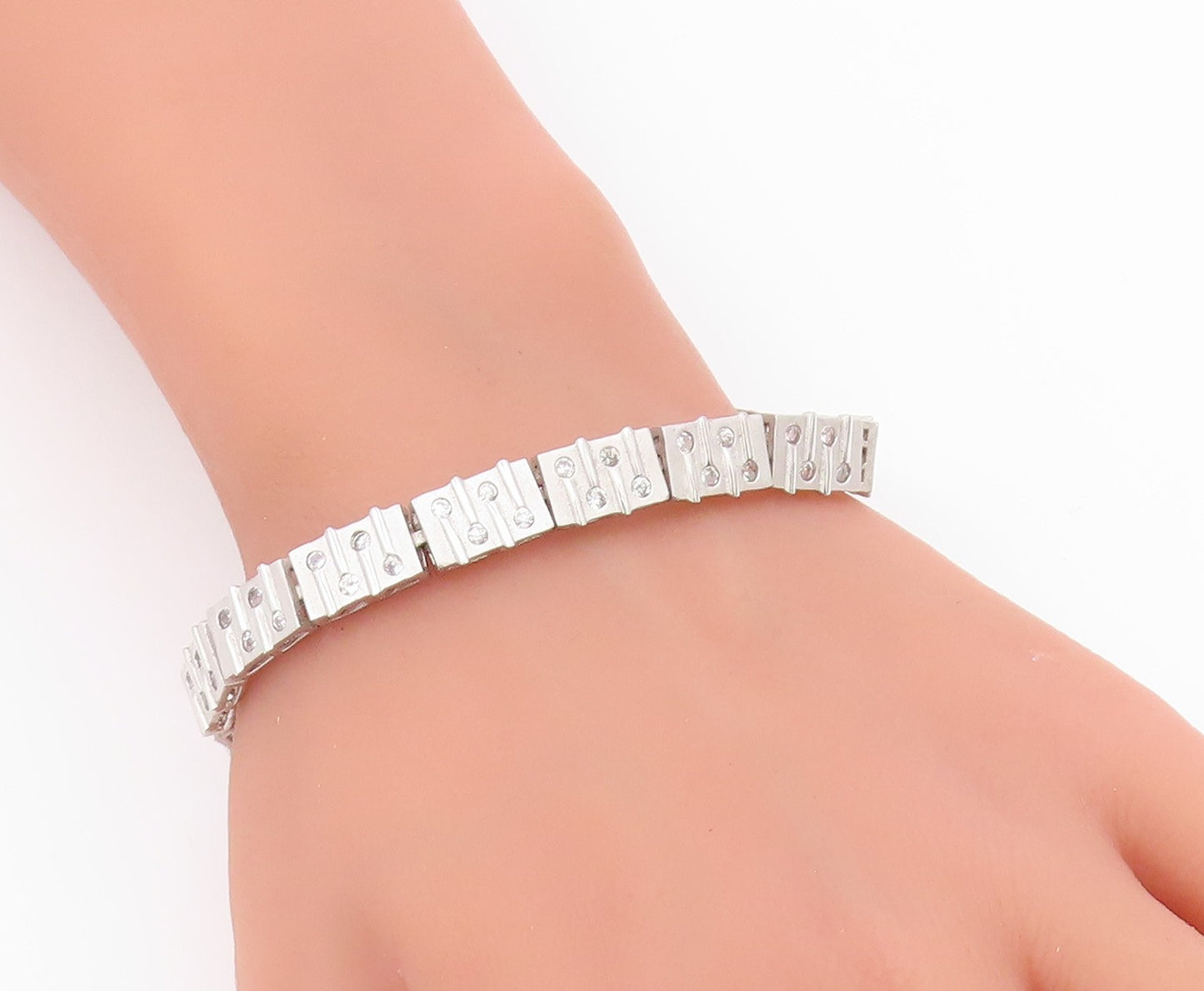 925 Sterling Silver Vintage Bracelet Topaz Modernist Geometric Link  BT12117