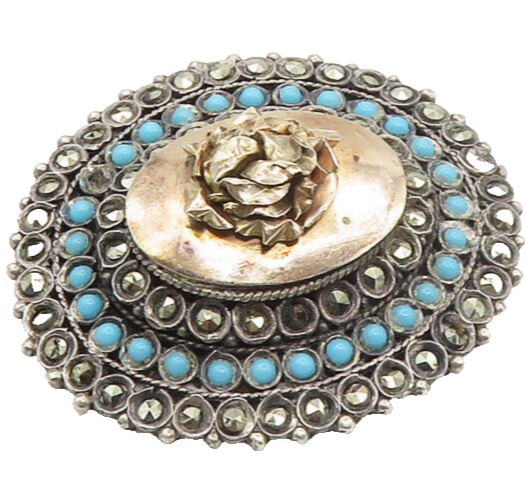 925 Sterling Silver   Vintage Antique Turquoise & Marcasite Brooch Pin  BP6854