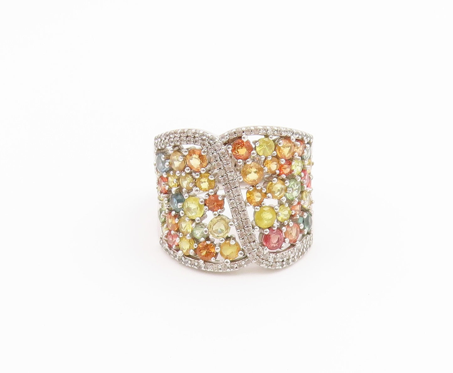 925 Sterling Silver Vintage Ring Multi Gemstone Wide Cluster Band Sz 11 RG36826