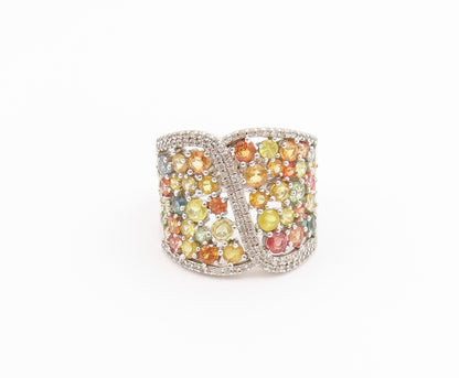 925 Sterling Silver Vintage Ring Multi Gemstone Wide Cluster Band Sz 11 RG36826