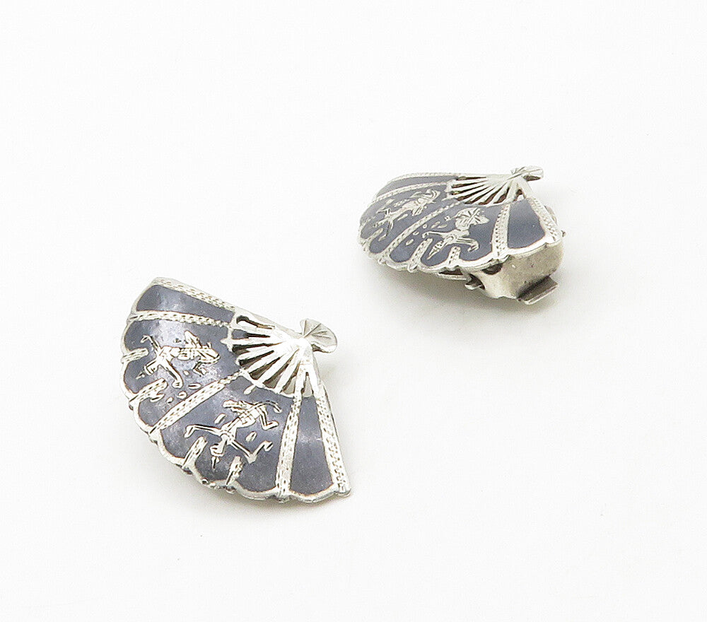 SIAM 925 Sterling Silver  Vintage Enamel Hand Fan Non Pierce Earrings  EG8051