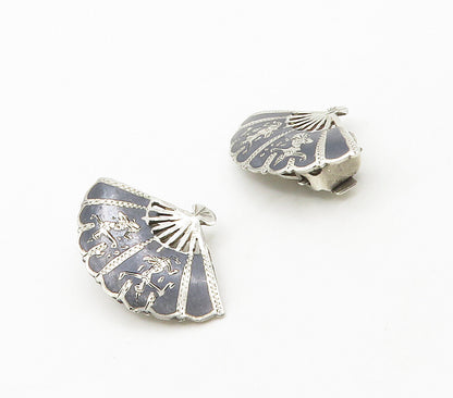 SIAM 925 Sterling Silver  Vintage Enamel Hand Fan Non Pierce Earrings  EG8051