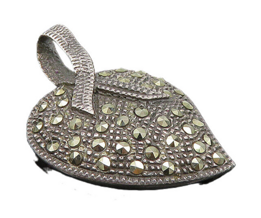 925 Sterling Silver  Vintage Marcasite Ribbon Love Heart Drop Pendant  PT6998