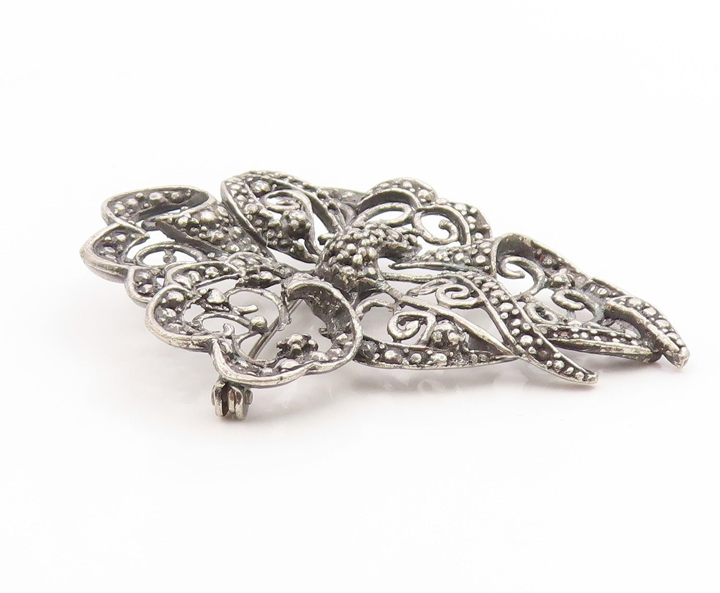 925 Sterling Silver Vintage Brooch Intricate Openwork Floral Design Pin  BP1002